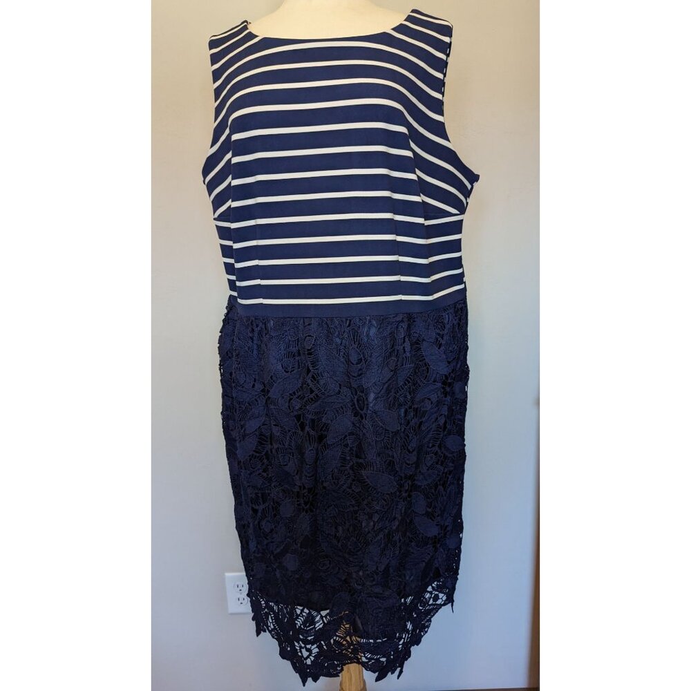Navy & White Striped Sleeveless Dress With Lace Overlay By Taylor Woman Size 24W